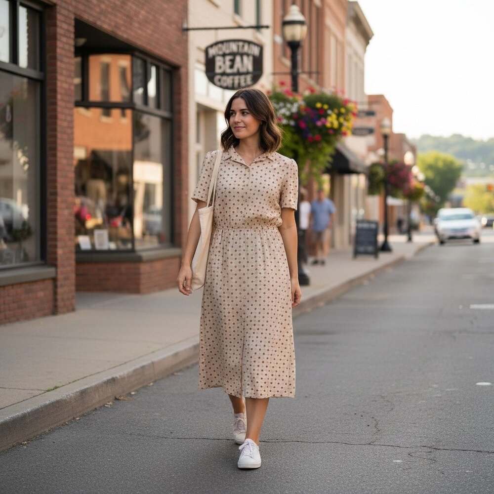 Vintage 80s Tan and Dark Red Medallion Midi Dress, Size S